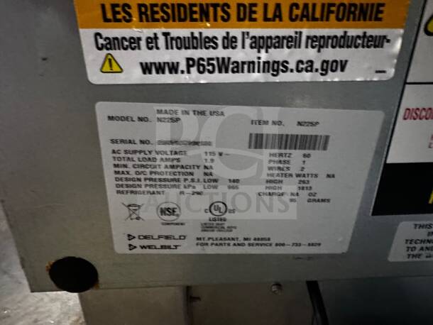 Delfield N225P drop-in ice cream freezer label showing model, 115V, NSF & UL listings, and manufacturing details.