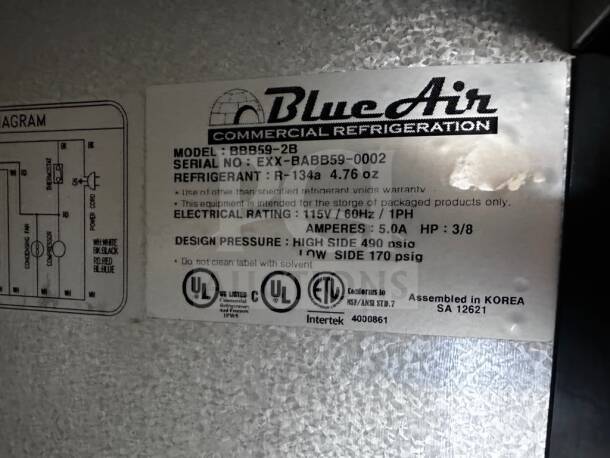 Blue Air BBB59-2B label, 115V, commercial refrigeration, model number and specifications visible, includes refrigerant type.