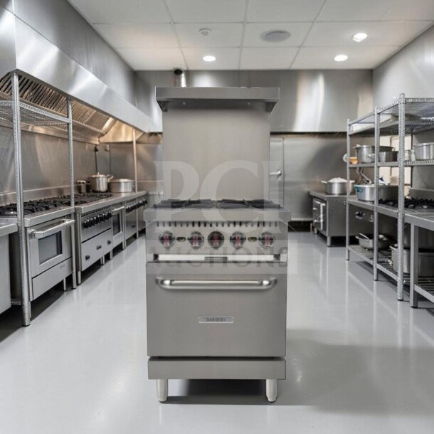 Kintera KR4 24" commercial gas range with four 30,000 BTU burners, standard oven, fully tested, in kitchen setting.