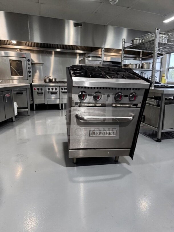 Kintera KR4 24" natural gas range with four 30,000 BTU burners, standard oven, fully operational, model KIN-M-RNG-1298.
