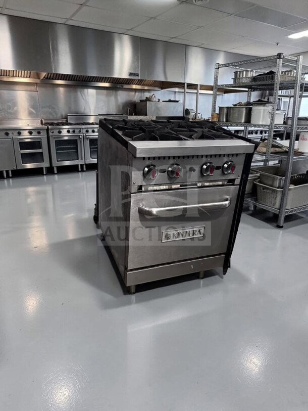 Kintera KR4 24" commercial natural gas range with four 30,000 BTU burners, standard oven. Fully tested, operational condition.