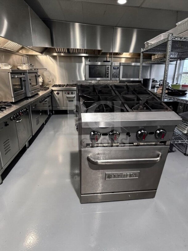 Kintera KR4 24" commercial gas range with four 30,000 BTU burners, standard oven, fully tested, model KIN-M-RNG-1298.