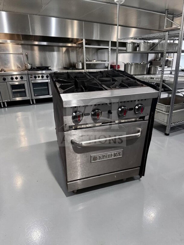 Kintera KR4 24" commercial gas range with four 30,000 BTU burners, standard oven, fully operational. Model KIN-M-RNG-1298.