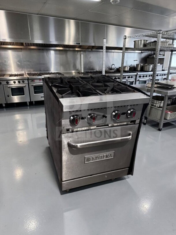 Kintera KR4 24" commercial gas range; four 30,000 BTU open burners, standard oven, 150,000 BTU total, fully operational.