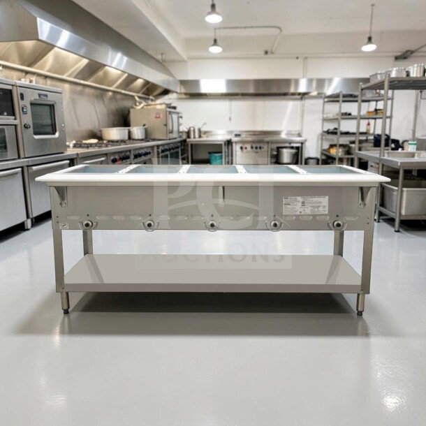 Duke 305 Aerohot 72" natural gas hot food table with five wells, stainless steel open base, undershelf, 12,500 BTU, optimal condition.