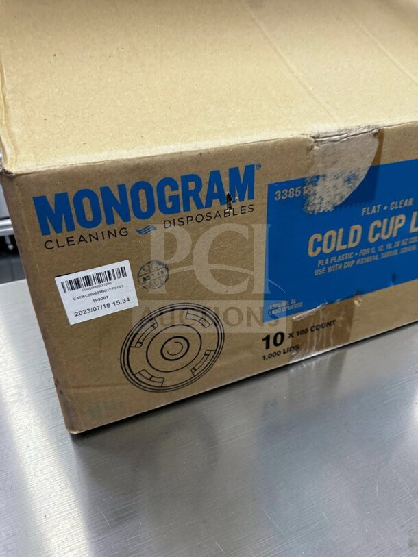 Pristine Monogram Serve Good cold cup lids, PLA plastic, compostable. Fits 9-20 oz cups, straw slot, 1,000-count case. New.