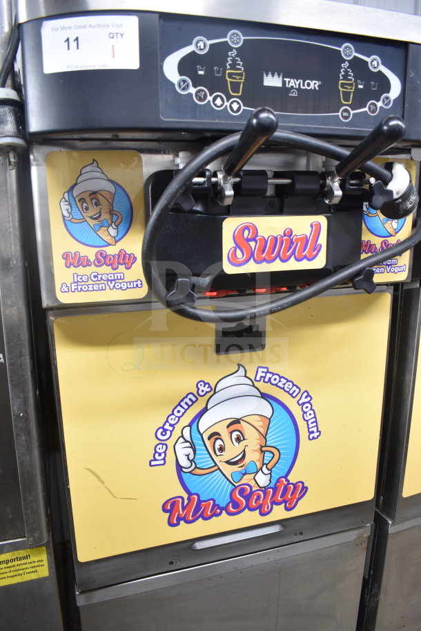 Taylor C723-33 soft serve ice cream machine, two-flavor with twist feature, Mr. Softee branding, commercial casters, 208-230V, 3-phase.
