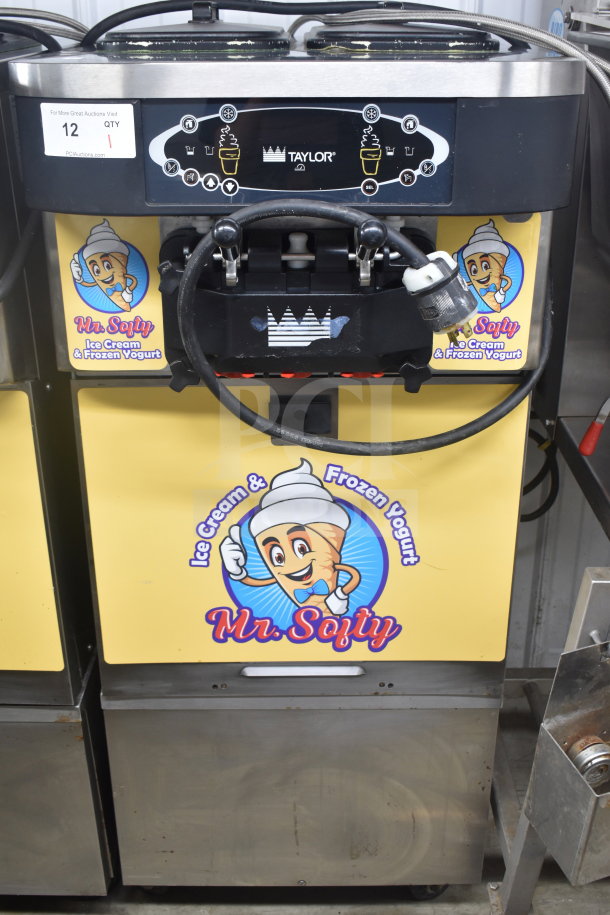 Taylor C723-33 commercial soft serve machine, 2 flavors plus twist, 208-230V, 3-phase, on casters, Mr. Softee branding.