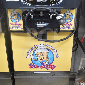 Taylor C723-33 commercial soft serve machine, 2 flavors plus twist, 208-230V, 3-phase, on casters, Mr. Softee branding.