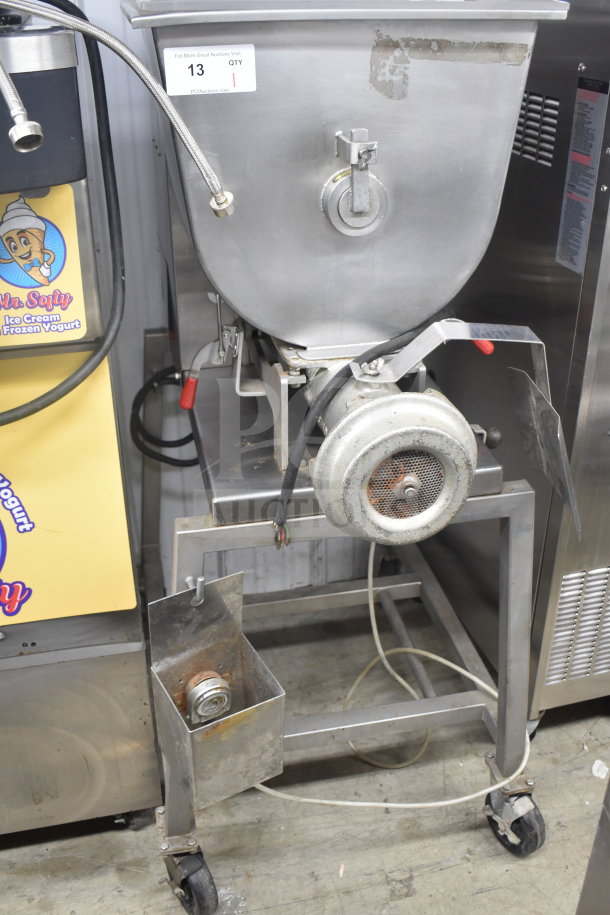Biro MINI-32 commercial meat mixer grinder, stainless steel, on casters, 208V, 3-phase. Visible wear marks and auction label.