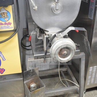 Biro MINI-32 commercial meat mixer grinder, stainless steel, on casters, 208V, 3-phase. Visible wear marks and auction label.