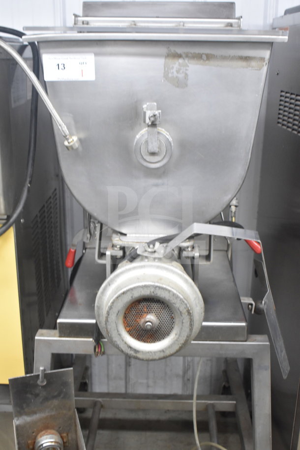 Biro MINI-32 commercial meat mixer grinder on casters, 208V, 3-phase. Stainless steel, floor style, visible wear.