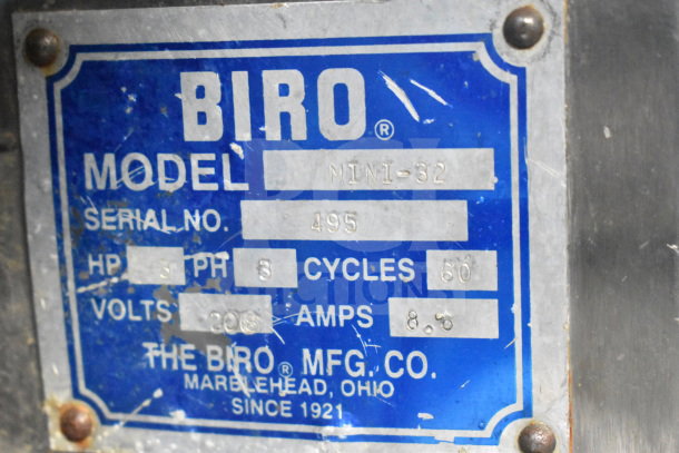 Biro MINI-32 meat mixer grinder label showing model, serial number 495, 208 volts, 3 phase, 8.6 amps.
