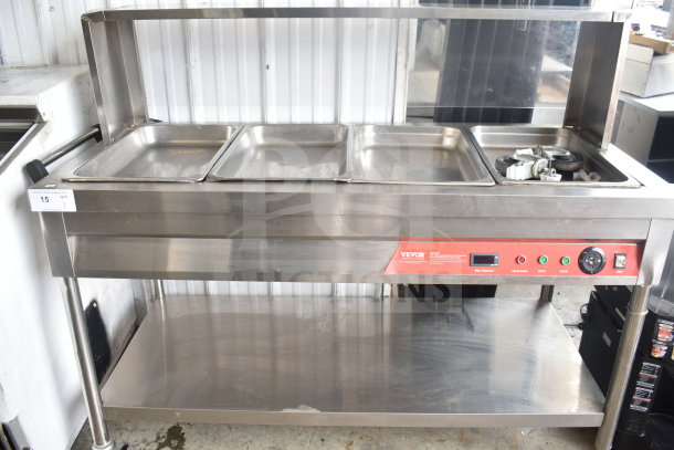 Vevor SKT1 commercial steam table on casters, electric-powered, stainless steel, 120V, 1 phase, features controls and pans.