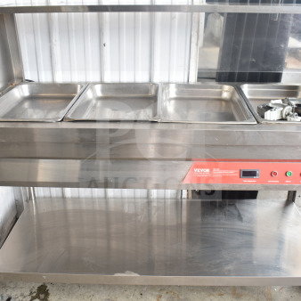 Vevor SKT1 commercial steam table on casters, electric-powered, stainless steel, 120V, 1 phase, features controls and pans.