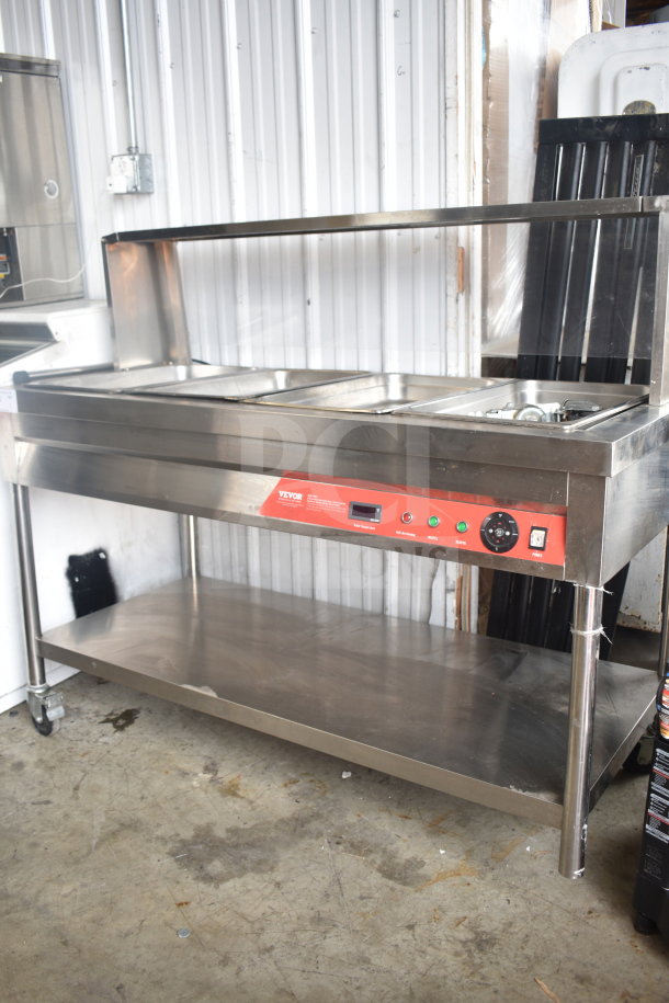 Vevor SKT1 commercial steam table with 3 compartments, stainless steel, on casters. Electric, 120V, 1 phase, control panel.