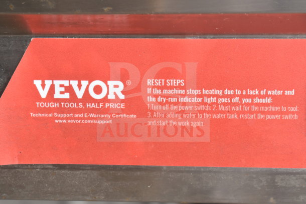 Vevor SKT1 Commercial Electric Steam Table label, showing reset steps and support info. 120V, 1 Phase, on commercial casters.
