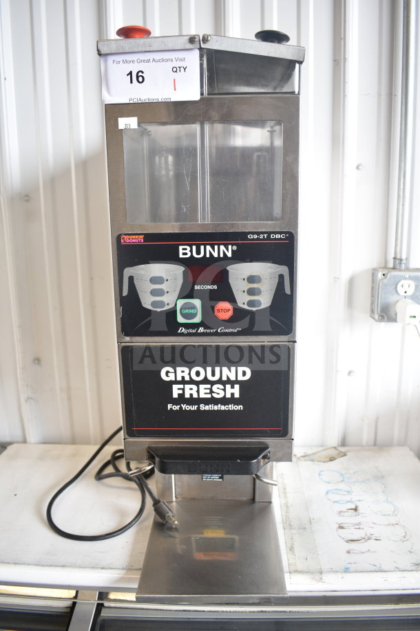 Bunn G9-2T commercial coffee grinder, excellent condition, 120V, 1 phase, with visible control panel and brand label.
