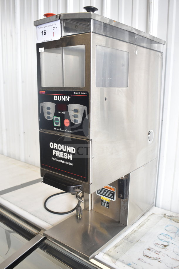 Bunn G9-2T Commercial Coffee Bean Grinder, stainless steel, 120V, 1 phase. Visible controls labeled "Grind" and "Stop."