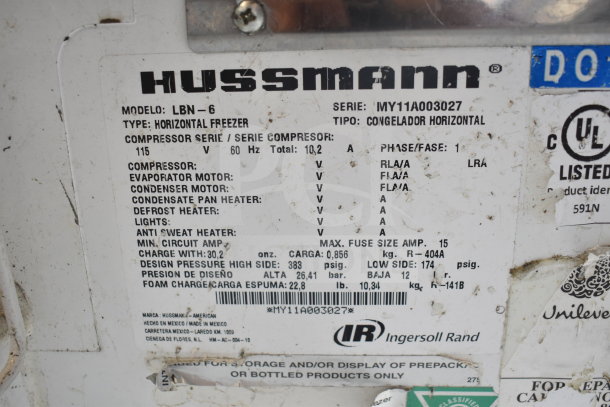Hussmann LBN-6 ice cream freezer label, 115 Volts, 1 Phase, manufacturing details, components listed.