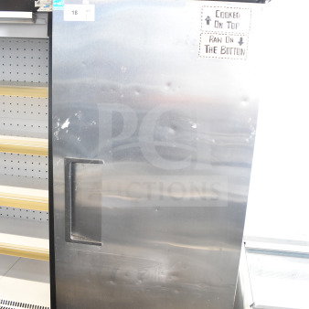 True T-23F commercial single door reach-in freezer, stainless steel, on casters, visible dents, 115V, 1 phase.