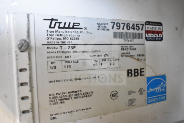 True T-23F commercial freezer label, showing model info, 115 volts, 1 phase. Made in USA, Energy Star rated.