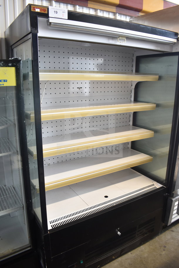 Sanye Commercial Open Grab N Go Merchandiser with four shelves, black frame, and pegboard back, in good condition.