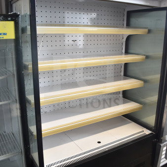 Sanye Commercial Open Grab N Go Merchandiser with four shelves, black frame, and pegboard back, in good condition.