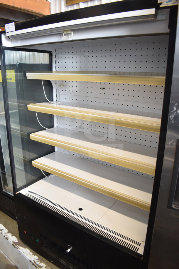 Sanye Commercial Open Grab N Go Merchandiser with four adjustable shelves, black exterior, and pegboard back for display.