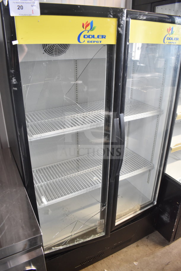 Cooler Depot 2 Door Reach-In Cooler, merchandiser on casters, visible broken glass on left door.