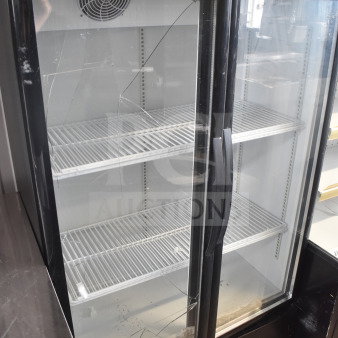 Cooler Depot 2 Door Reach-In Cooler, merchandiser on casters, visible broken glass on left door.