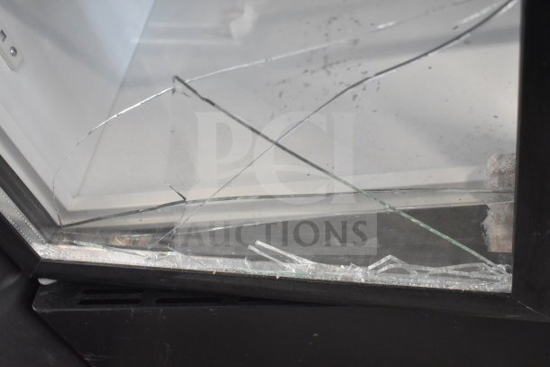 Cooler Depot Commercial 2 Door Cooler with broken glass, on commercial casters. Glass damage visible in detail.
