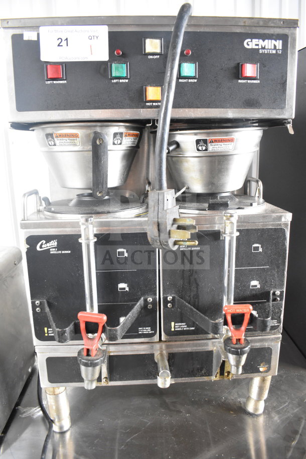 Curtis GEM-12-10 commercial double coffee machine, two servers, brew baskets, hot water dispenser, 220V, used condition.