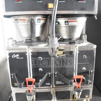 Curtis GEM-12-10 commercial double coffee machine, two servers, brew baskets, hot water dispenser, 220V, used condition.