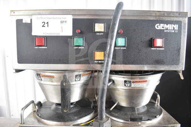 Curtis GEM-12-10 commercial countertop double coffee machine with two server satellites, two brew baskets, and hot water dispenser.