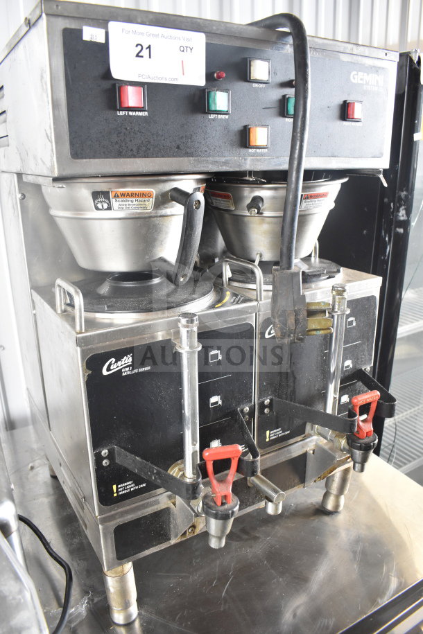 Curtis GEM-12-10 commercial double coffee machine with two server satellites, two brew baskets, hot water dispenser, 220V.