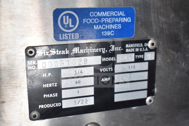 Label on Biro PRO-9 meat tenderizer. UL listed, 115 volts, 1 phase, 3/4 H.P., manufactured 9/22, Mansfield, OH, USA.