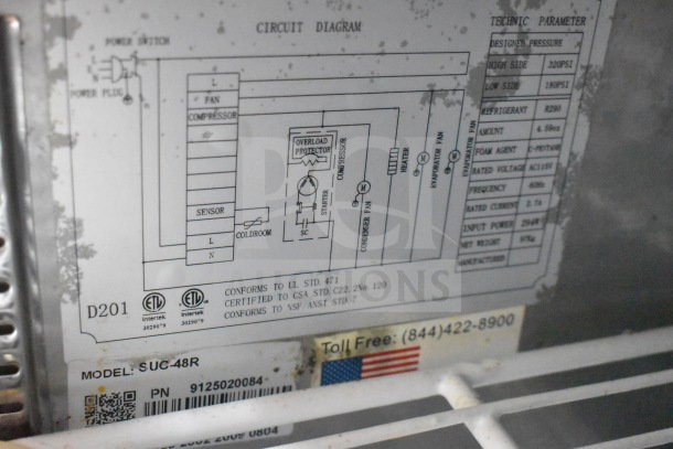 Saba SUC-48R commercial cooler label showing model, circuit diagram, and contact info. Conforms to UL, CSA, NSF standards.