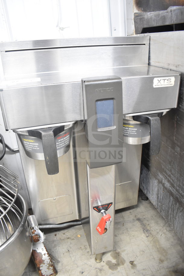 XTS Commercial Countertop Double Coffee Machine with hot water dispenser, two brew baskets, stainless steel finish.
