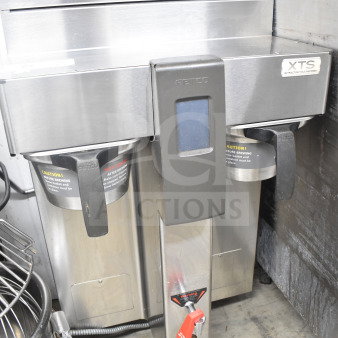XTS Commercial Countertop Double Coffee Machine with hot water dispenser, two brew baskets, stainless steel finish.