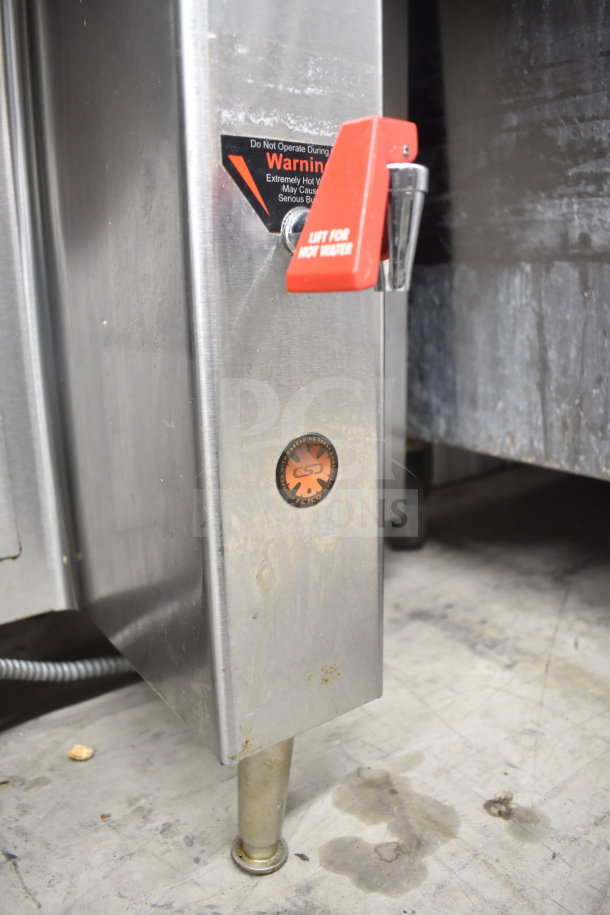 XTS Commercial Countertop Double Coffee Machine, stainless steel with hot water dispenser, visible warning label and markings.