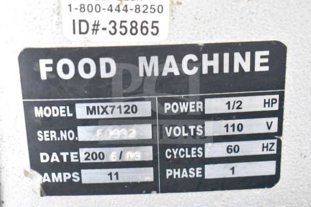 Anvil MIX7120 mixer label showing model, serial number, power, volts, amps, cycles, and phase details.