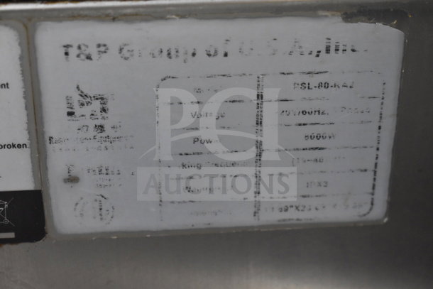 T&P PSL-80-RA2 induction wok range label showing model, voltage, and power details.