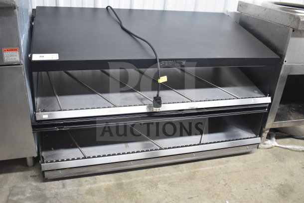ServIt Commercial Countertop 2 Tier Warming Display, used, 115/208 volts, 1 phase, black with chrome accents, visible power cord.