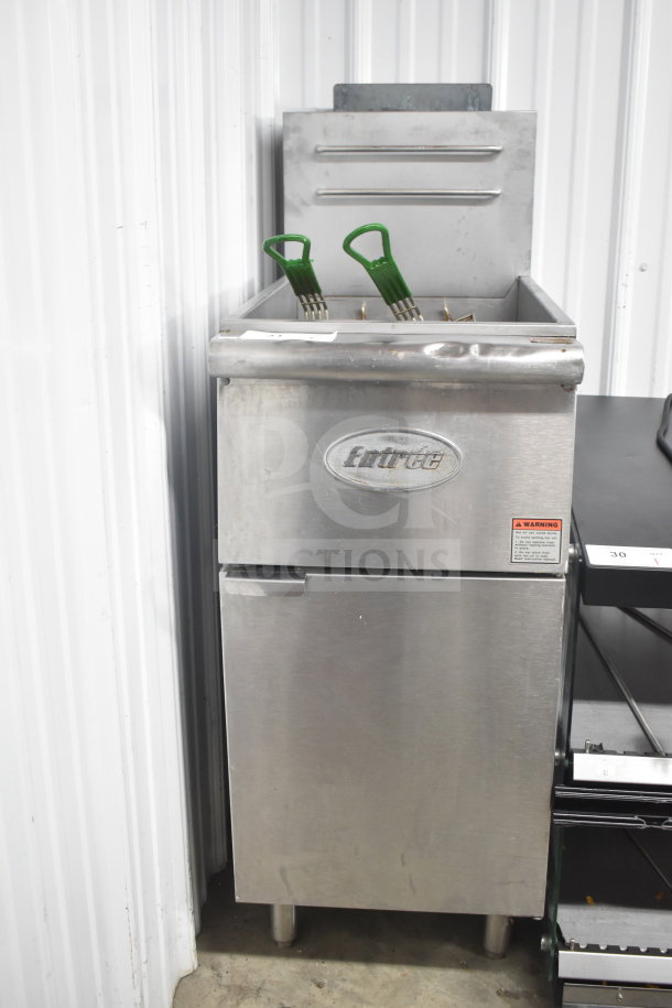 Entree F3-N commercial deep fat fryer, floor style, natural gas, 90,000 BTU, includes 2 fry baskets, stainless steel finish.