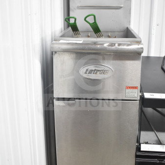 Entree F3-N commercial deep fat fryer, floor style, natural gas, 90,000 BTU, includes 2 fry baskets, stainless steel finish.