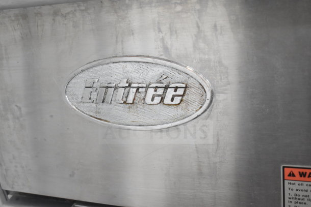 Entree F3-N Commercial Fryer, natural gas, 90,000 BTU, includes 2 fry baskets. Sturdy, stainless steel with visible logo.