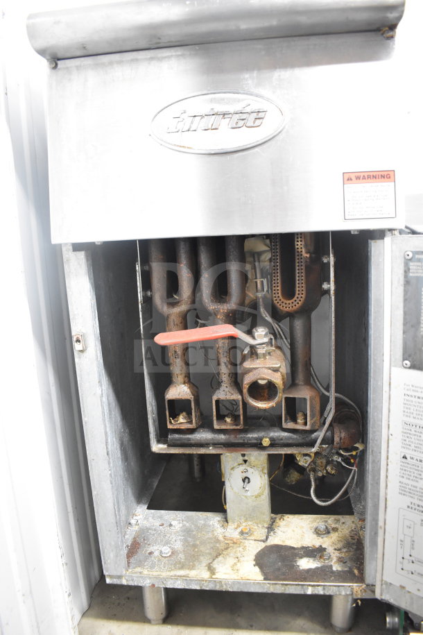 Entree F3-N commercial gas fryer with 2 baskets, 90,000 BTU, shows visible rust and wear, Entree logo, warning label.