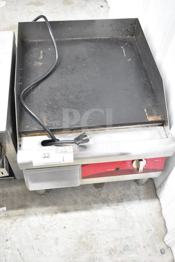 Avantco 1777EG16N commercial electric griddle, 120V, countertop model, flat top, used condition, temperature control dial.