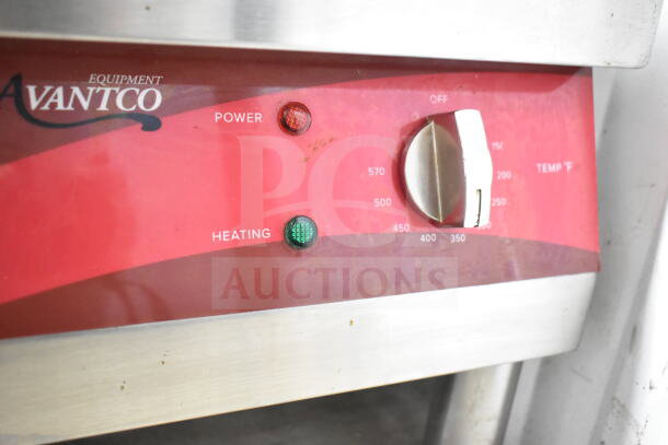 Avantco 1777EG16N commercial flat top griddle with temperature dial and power lights, showing minor wear.